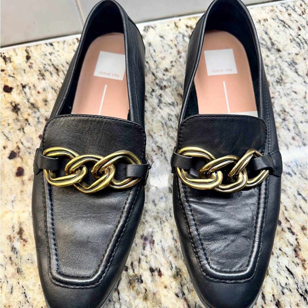 Dolce Vita Black Leather Loafers with Gold Chain Accent